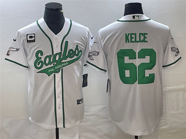 Men's Philadelphia Eagles #62 Jason Kelce White With C Patch Cool Base Stitched Baseball Jersey